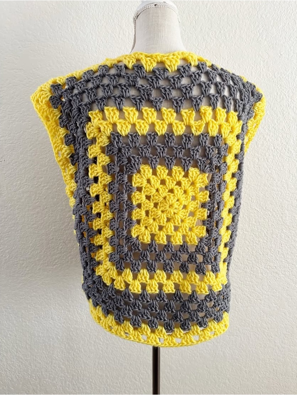 Handmade Yellow & Gray Crochet Granny Square Vest